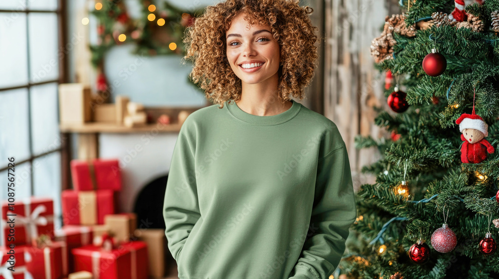 Smiling woman in green sweatshirt by Christmas tree with gifts in cozy holiday setting Smiling woman in green sweatshirt by Christmas tree with gifts in cozy holiday setting