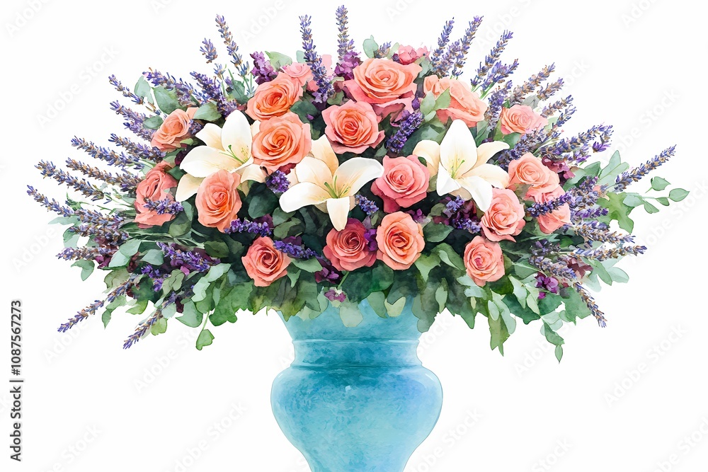 Obraz premium Beautiful Floral Arrangement Featuring Pink Roses, White Lilies, and Lavender in a Decorative Blue Vase for Home Decoration or Event Centerpiece
