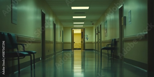 A dimly lit hospital corridor with empty chairs and a door at the end.