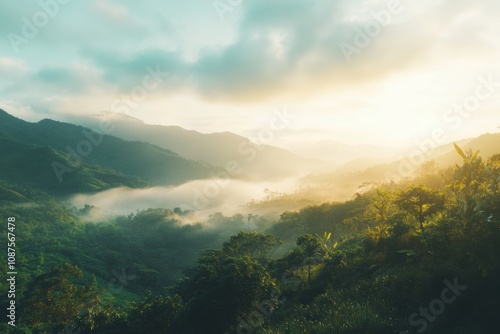 A soft golden light breaks through the clouds, casting a warm glow over the misty valley and vibrant greenery of the mountains. Generative AI