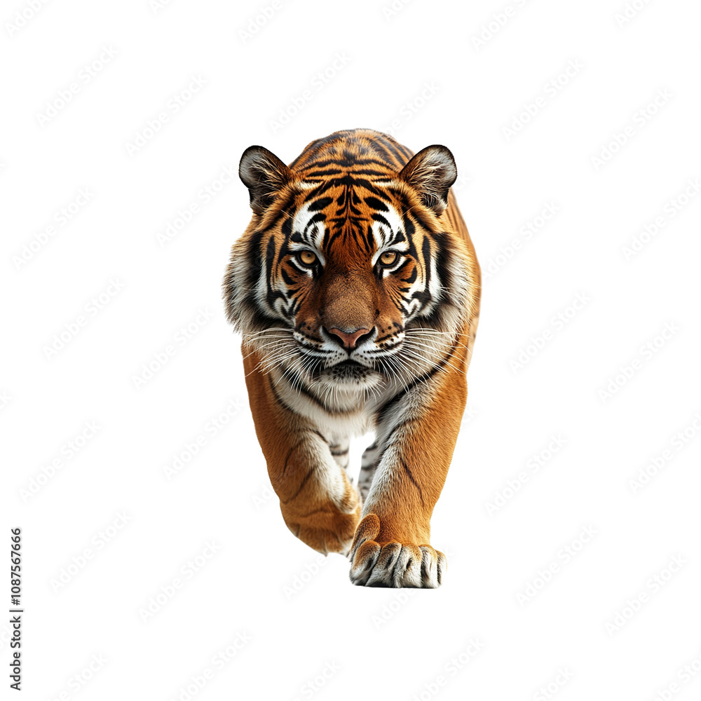 Obraz premium Majestic Tiger Walking Towards the Camera on White Background