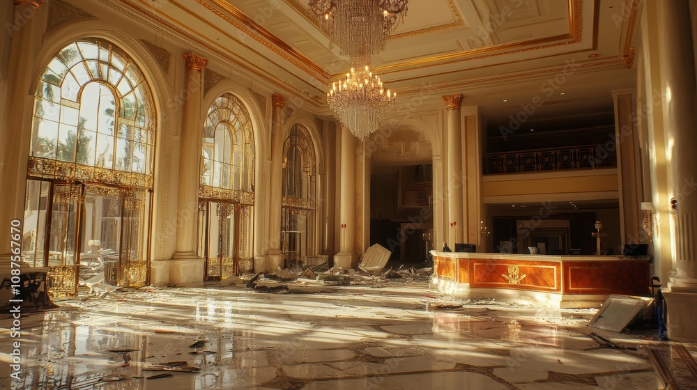 Fototapeta premium Luxurious hotel lobby with marble floors, large windows, and a chandelier.