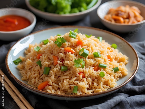 A plate of south east Asian style fried rice served on a plate placed on a dining table