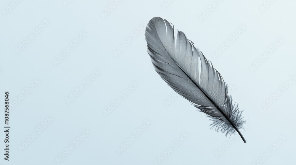 Fototapeta premium Single gray feather against a light blue background.