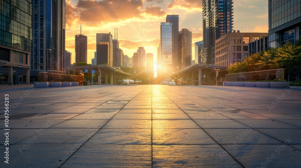 Empty square floor with city skyline background, Contemporary city plaza with modern architecture, aerial perspective Empty square floor with city skyline background, Contemporary city plaza with modern architecture, aerial perspective