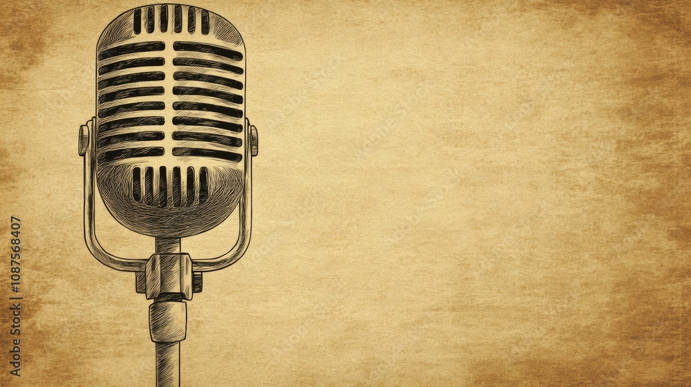Fototapeta premium Vintage microphone illustration on aged paper background, perfect for podcasts, radio shows, or music.