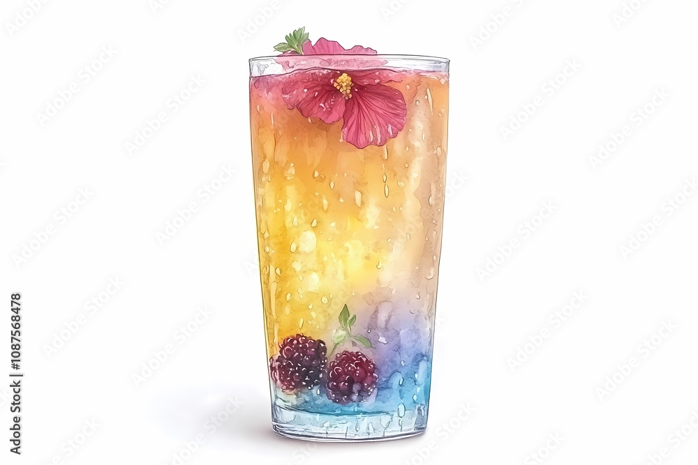 Vibrant Beverage with Hibiscus Flower and Berries, a Refreshing Drink Presentation with Colorful Layers and Water Droplets for Summer Enjoyment Vibrant Beverage with Hibiscus Flower and Berries, a Refreshing Drink Presentation with Colorful Layers and Water Droplets for Summer Enjoyment