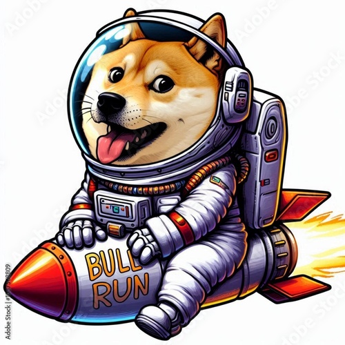 Shiba dog wearing astronaut uniform riding a rocket photo