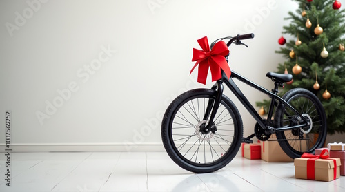 Presents under Christmas tree, Black Bicycle  with red bow and  christmas tree on white background, sport Christmas gift, bike shop advertisement  banner with space for text.