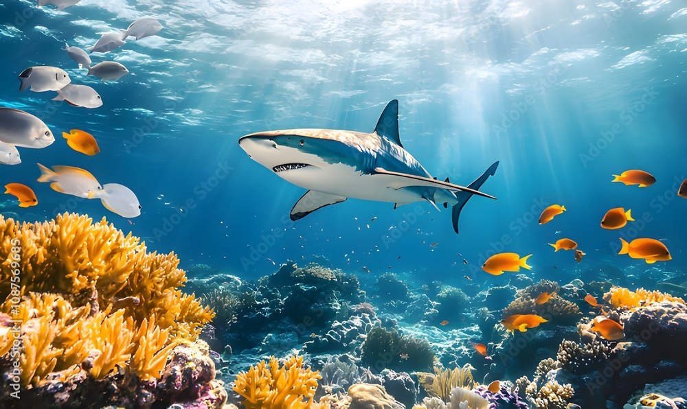 Fototapeta premium A majestic shark gracefully glides through a vibrant coral reef, surrounded by a kaleidoscope of colorful fish