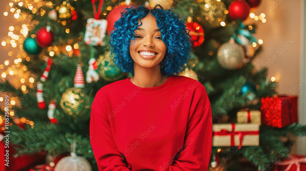 Smiling black woman with blue curly hair in red sweatshirt near Christmas tree and presents Smiling black woman with blue curly hair in red sweatshirt near Christmas tree and presents