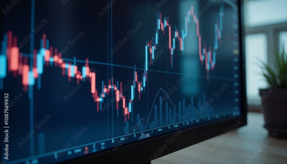 Stock market candlestick chart on monitor screen.Annual report,income,Financial planning,records,stability,goals,graphs,funding, prediction. bar charts, growth rates, drop rates, visualization Stock market candlestick chart on monitor screen.Annual report,income,Financial planning,records,stability,goals,graphs,funding, prediction. bar charts, growth rates, drop rates, visualization