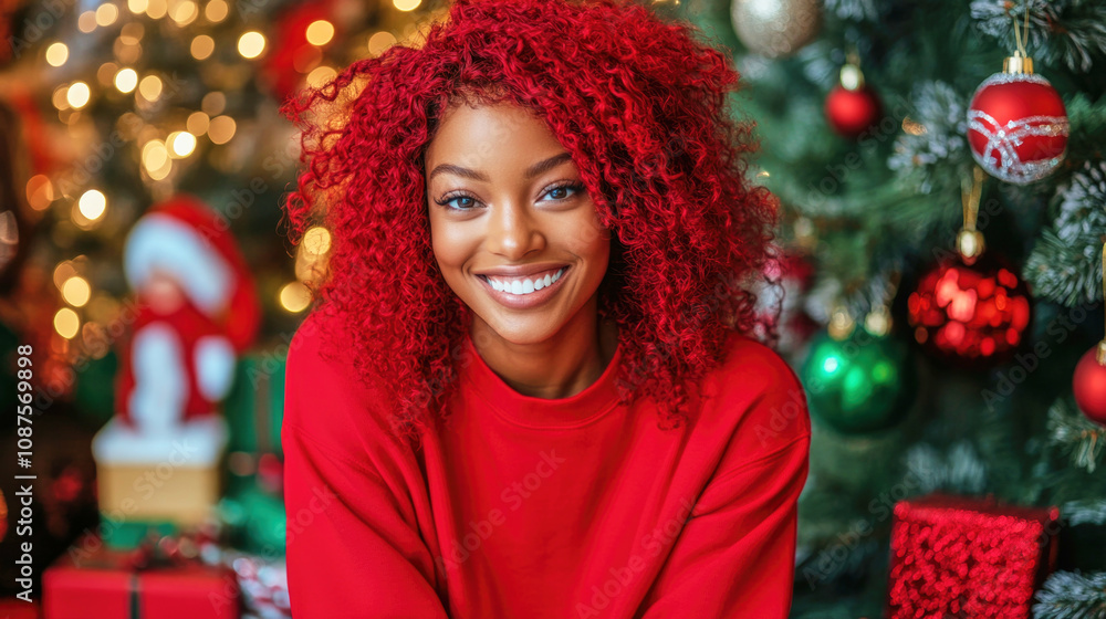 Smiling Black woman with red curls in a red sweatshirt by a Christmas tree and gifts Smiling Black woman with red curls in a red sweatshirt by a Christmas tree and gifts