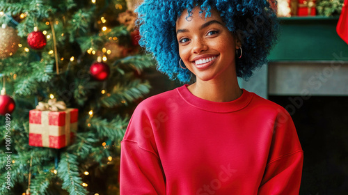 Smiling Black woman with blue curly hair in red sweatshirt by Christmas tree with presents