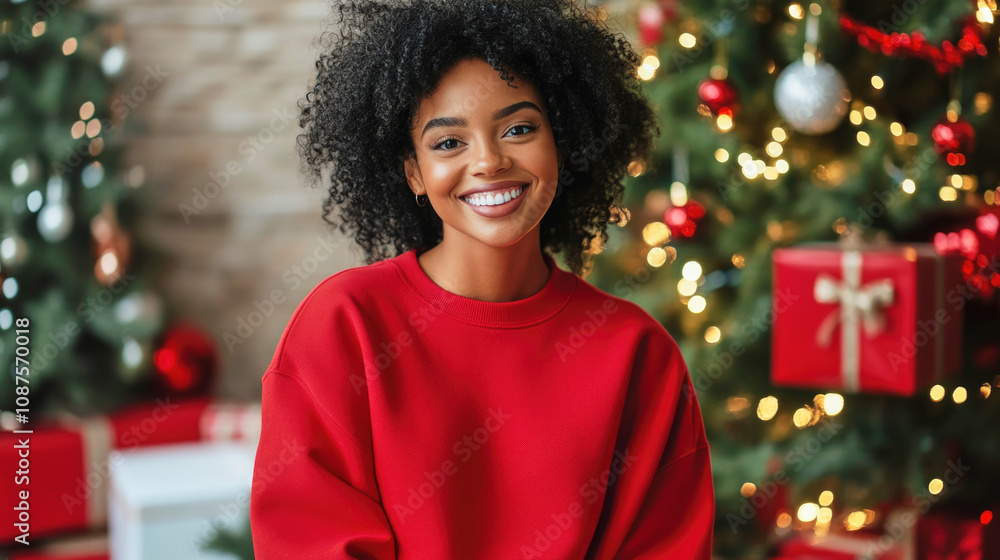 Smiling Black woman wearing red sweatshirt in front of festive Christmas tree with presents Smiling Black woman wearing red sweatshirt in front of festive Christmas tree with presents