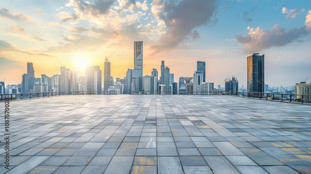 Empty square floor with city skyline background, Metropolitan plaza with iconic skyscrapers, symmetrical layout Empty square floor with city skyline background, Metropolitan plaza with iconic skyscrapers, symmetrical layout