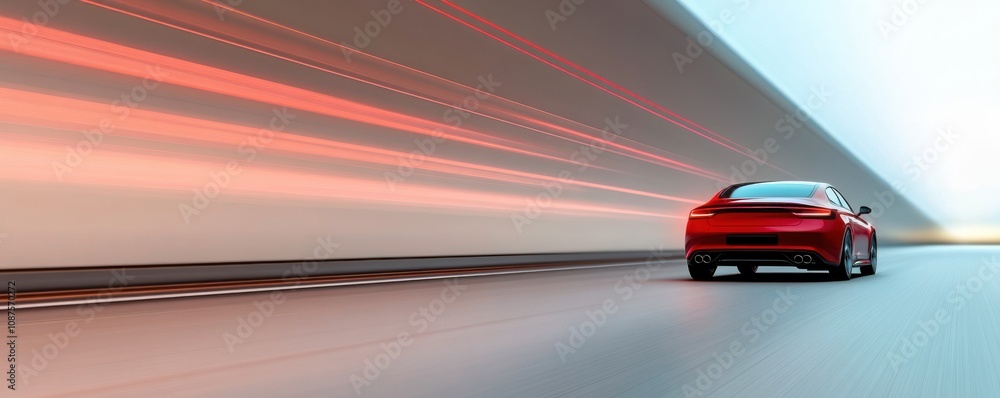 A sleek red car on a highway, surrounded by dynamic light streaks, conveying speed and motion. A sleek red car on a highway, surrounded by dynamic light streaks, conveying speed and motion.