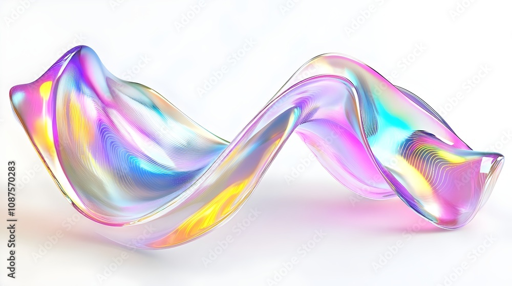 A photorealistic 3D render of a holographic, iridescent neon wave in motion, set against a white background. Featuring vivid gradient colors, it serves as a dynamic design element for banners or wallp A photorealistic 3D render of a holographic, iridescent neon wave in motion, set against a white background. Featuring vivid gradient colors, it serves as a dynamic design element for banners or wallp