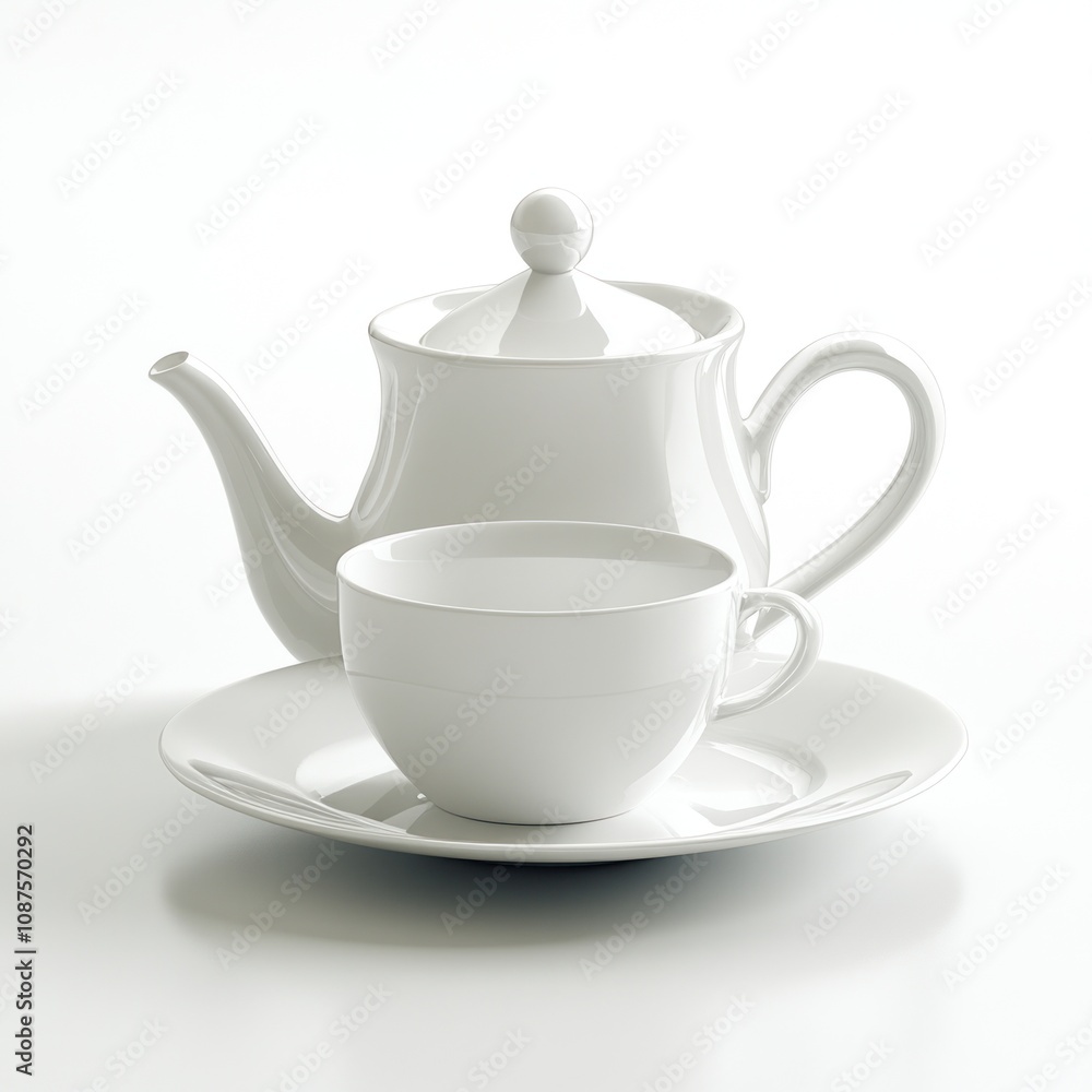 A white teapot and cup set on a plate, designed for serving tea. A white teapot and cup set on a plate, designed for serving tea.
