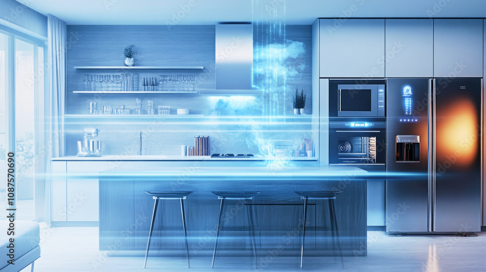 Motion blur captures AI-enabled appliances in a modern smart home kitchen with ambient lighting Motion blur captures AI-enabled appliances in a modern smart home kitchen with ambient lighting