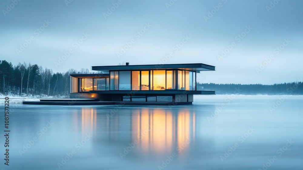 Futuristic glass house by a frozen lake under an overcast sky with warm lights glowing inside Futuristic glass house by a frozen lake under an overcast sky with warm lights glowing inside