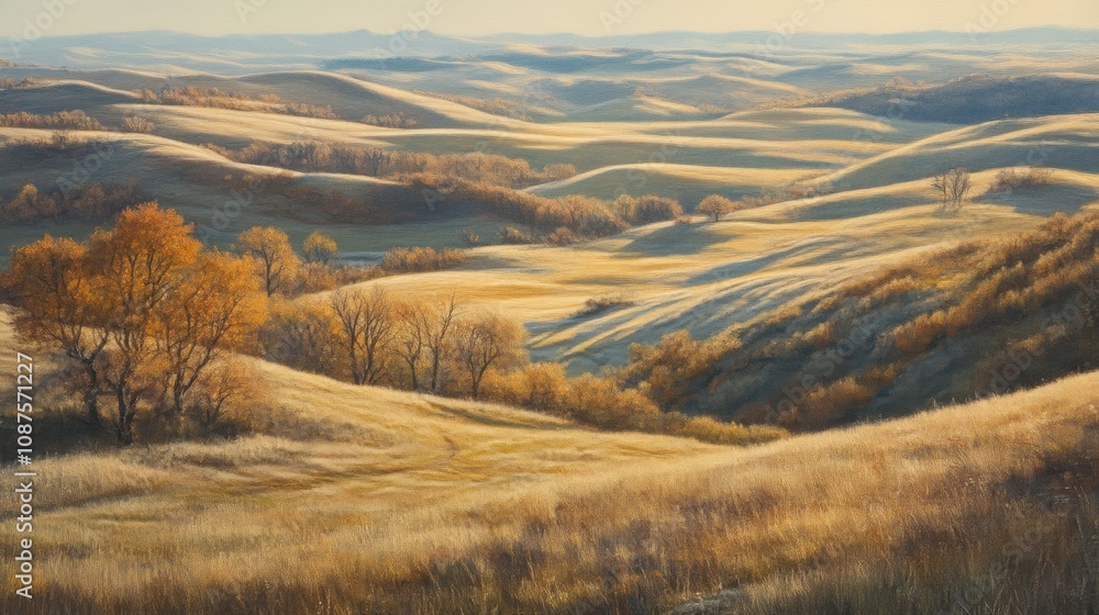 Expansive rolling hills with dappled light and autumn foliage Expansive rolling hills with dappled light and autumn foliage