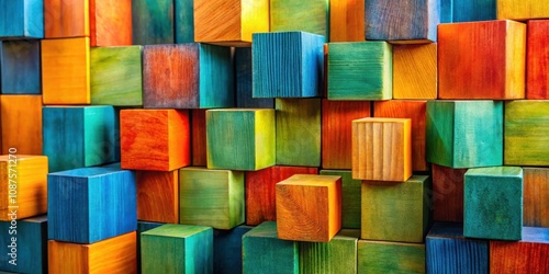 A vibrant and textured wall of colorful wooden blocks arranged in a seemingly random pattern, creating a captivating visual display of geometric shapes and contrasting hues. photo