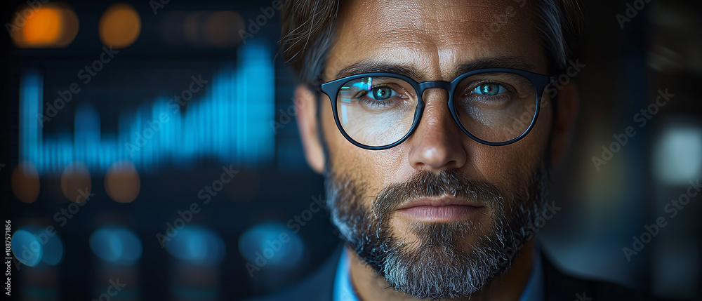 Confident businessman with glasses, focused expression, and a modern data visualization background. Confident businessman with glasses, focused expression, and a modern data visualization background.