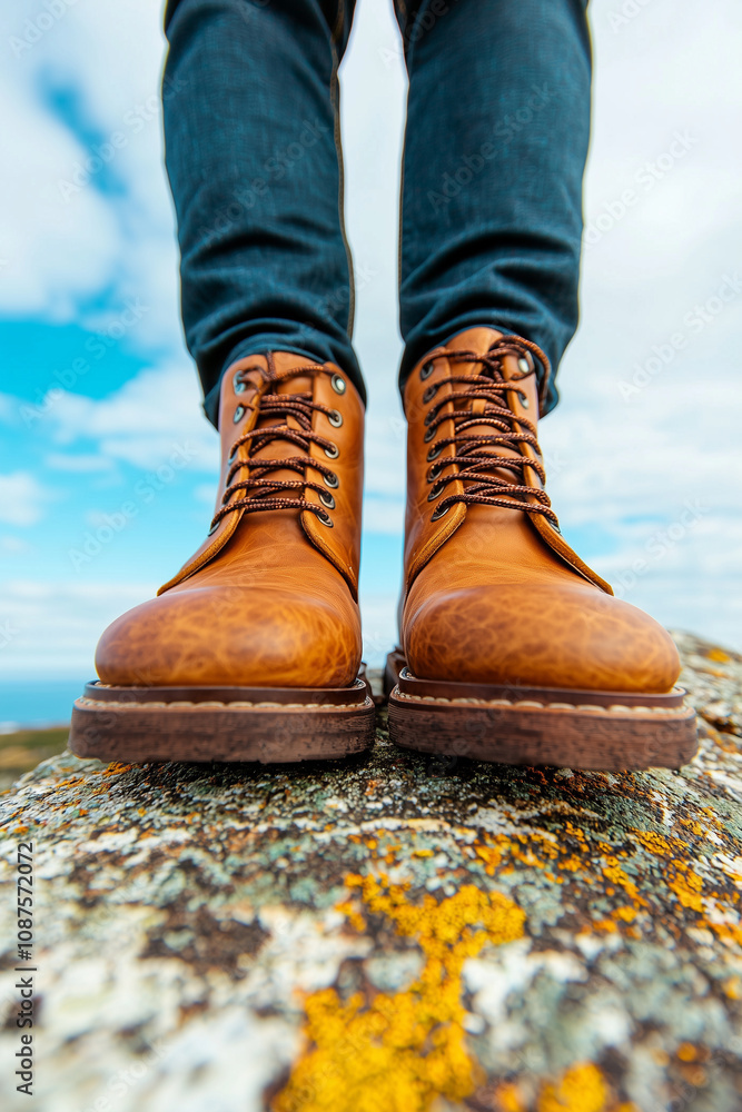 Stylish brown boots on a rocky surface against a blue sky. Stylish brown boots on a rocky surface against a blue sky.