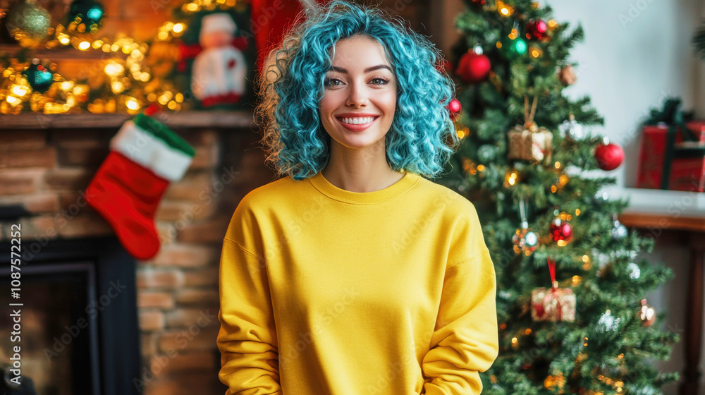 Smiling woman with blue curly hair in yellow sweatshirt near Christmas tree and gifts Smiling woman with blue curly hair in yellow sweatshirt near Christmas tree and gifts