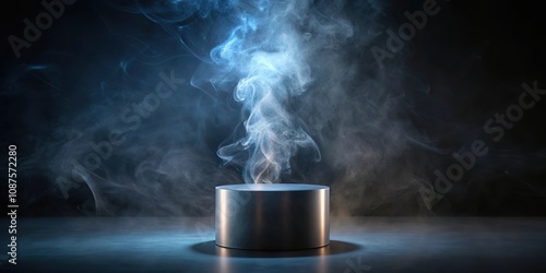 A solitary metal podium is shrouded in wisps of ethereal blue smoke, casting an enigmatic glow on the dark stage.