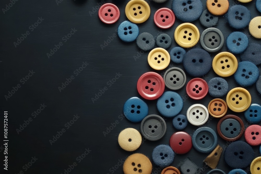 Fototapeta premium Colorful Buttons Background - Assorted colorful buttons on dark background, craft, sewing, texture, hobby
