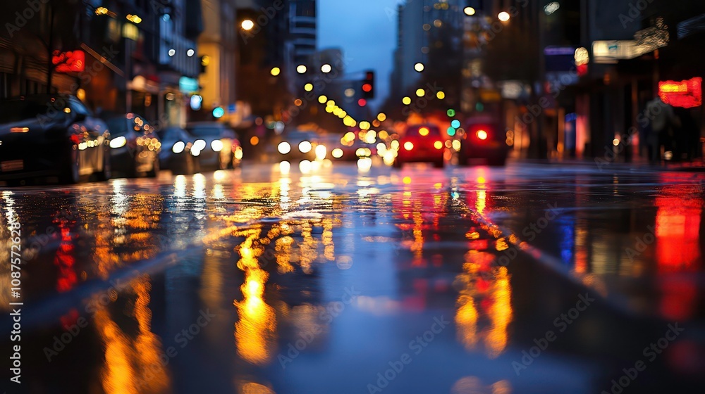 Fototapeta premium A bustling city street at night, with the glow of streetlights reflected on wet pavement, capturing movement and stillness in the same frame