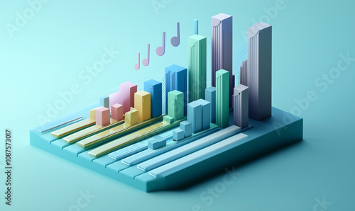 A colorful 3D bar chart displaying data, with musical notes, representing growth and creativity in a visually appealing way.