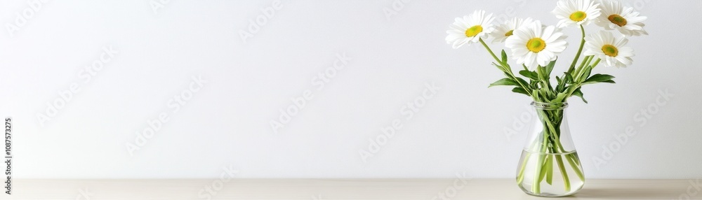 A simple vase with daisies on a minimalistic surface. A simple vase with daisies on a minimalistic surface.