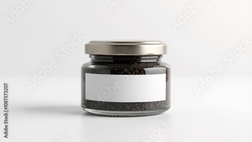 The elegant kaluga caviar jar mockup features a transparent container and glossy metallic lid, designed for premium branding.