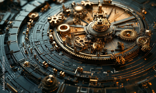 A detailed, intricate close-up of a mechanical clockwork design featuring gears and a sophisticated, layered structure in dark and gold tones.