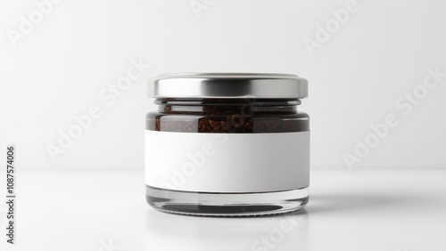 A modern sturgeon caviar jar mockup, featuring a transparent container and glossy metallic lid.