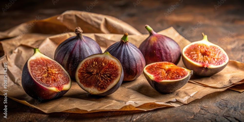 A Still Life Featuring Fresh Ripe Figs with Skin and Flesh Visible, Arranged on a Brown Paper Background A Still Life Featuring Fresh Ripe Figs with Skin and Flesh Visible, Arranged on a Brown Paper Background