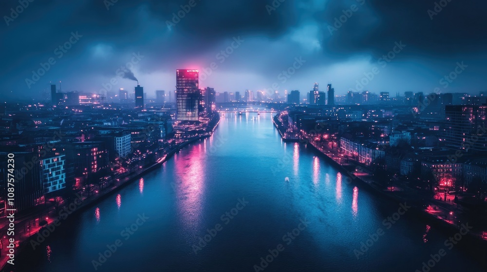A river cutting through a city under a cloudy night sky, city lights reflecting off the water, creating a moody urban landscape. A river cutting through a city under a cloudy night sky, city lights reflecting off the water, creating a moody urban landscape.