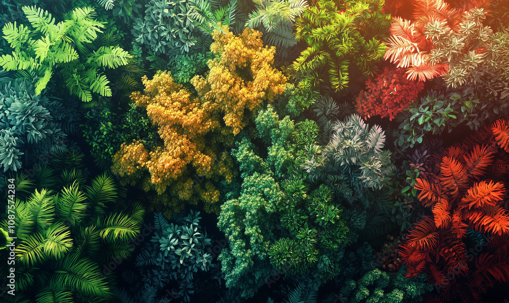 A vibrant, colorful top-down view of lush foliage showcasing various shades of green, orange, and red, creating a rich tapestry of nature. A vibrant, colorful top-down view of lush foliage showcasing various shades of green, orange, and red, creating a rich tapestry of nature.