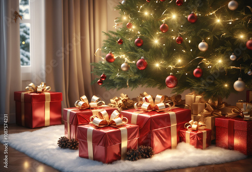 Red Christmas tree with presents under it