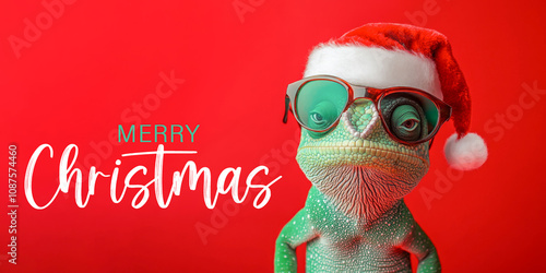 Merry Christmas concept holiday vacation winter animal pet greeting card with text - Cool chameleon reptile with sunglasses and santa claus hat, isolated on red background photo