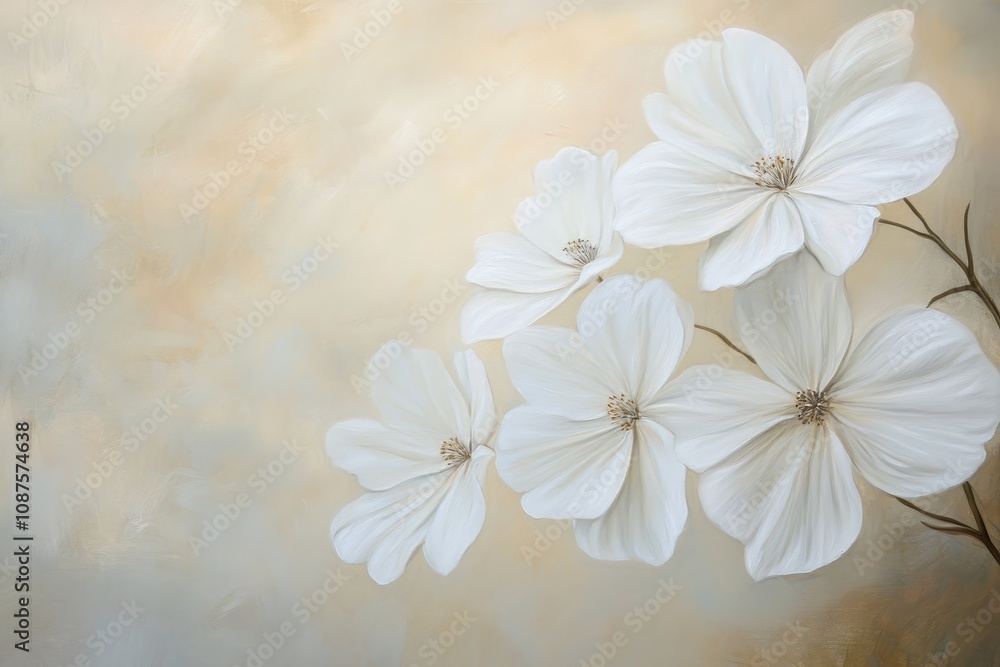 Delicate White Blossoms on Pastel Background - Elegant white flowers, soft pastel hues, serene nature, peaceful beauty, floral art.