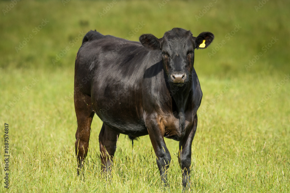 black angus steer in green grassy paddock black angus steer in green grassy paddock