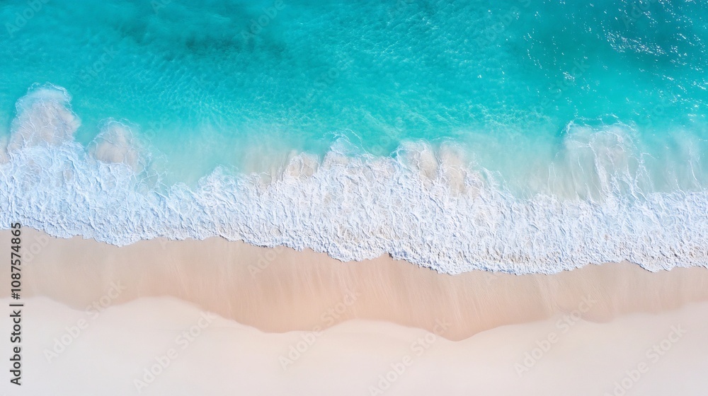 Fototapeta premium Aerial View of Turquoise Ocean Waves and Foam on Sandy Beach