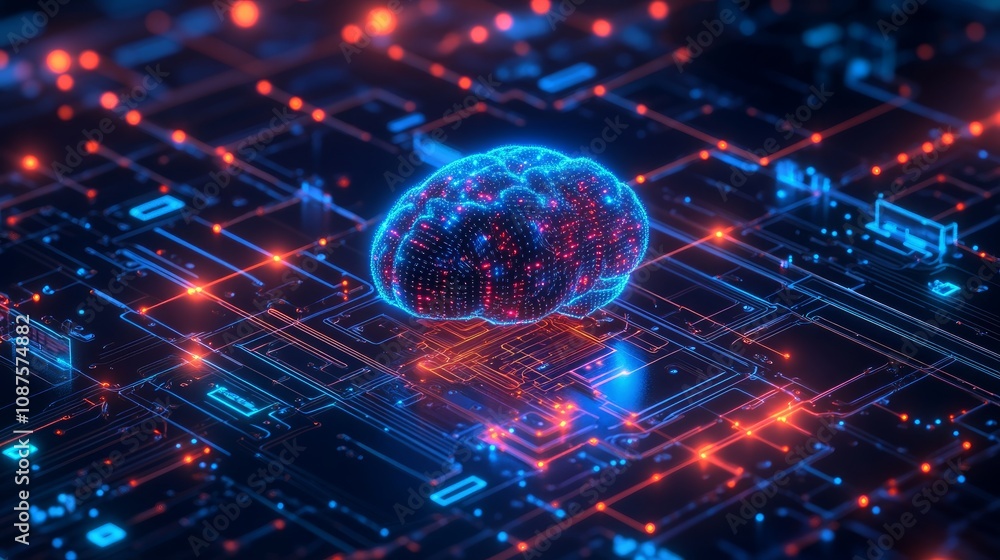 3D rendering of a human brain on a circuit board, representing AI and neural networks.