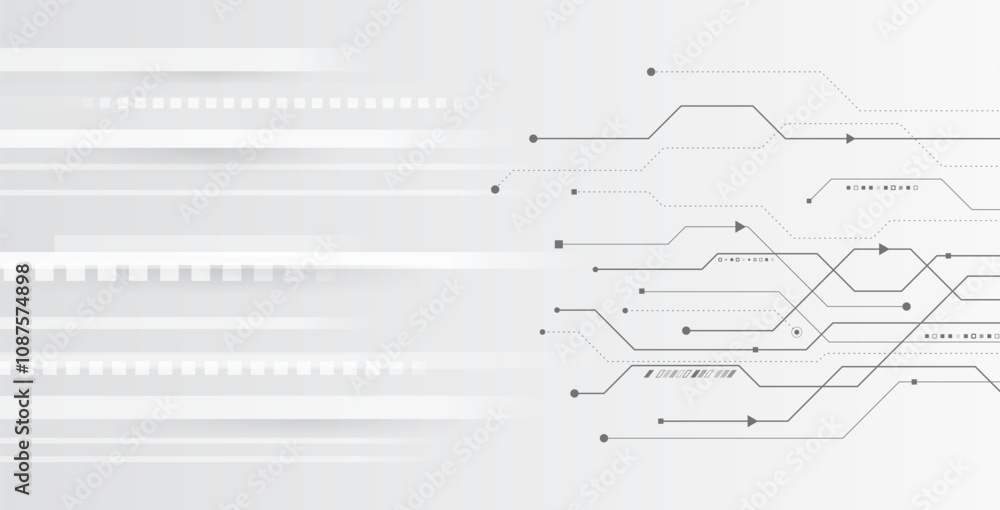 Vector illustration of circuit board and lines. Abstract futuristic communication. Hi-tech grey background with various technology elements. Vector illustration of circuit board and lines. Abstract futuristic communication. Hi-tech grey background with various technology elements.