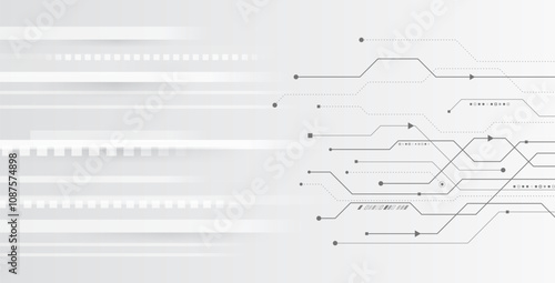 Vector illustration of circuit board and lines. Abstract futuristic communication. Hi-tech grey background with various technology elements.