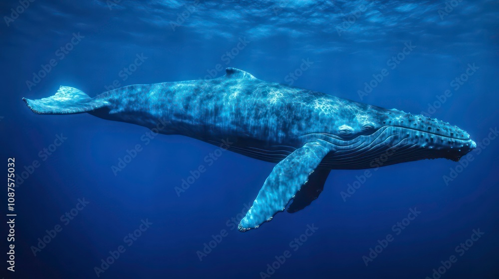 Naklejka premium A blue whale swimming through the deep ocean, its massive body moving gracefully through the water as it sings to communicate